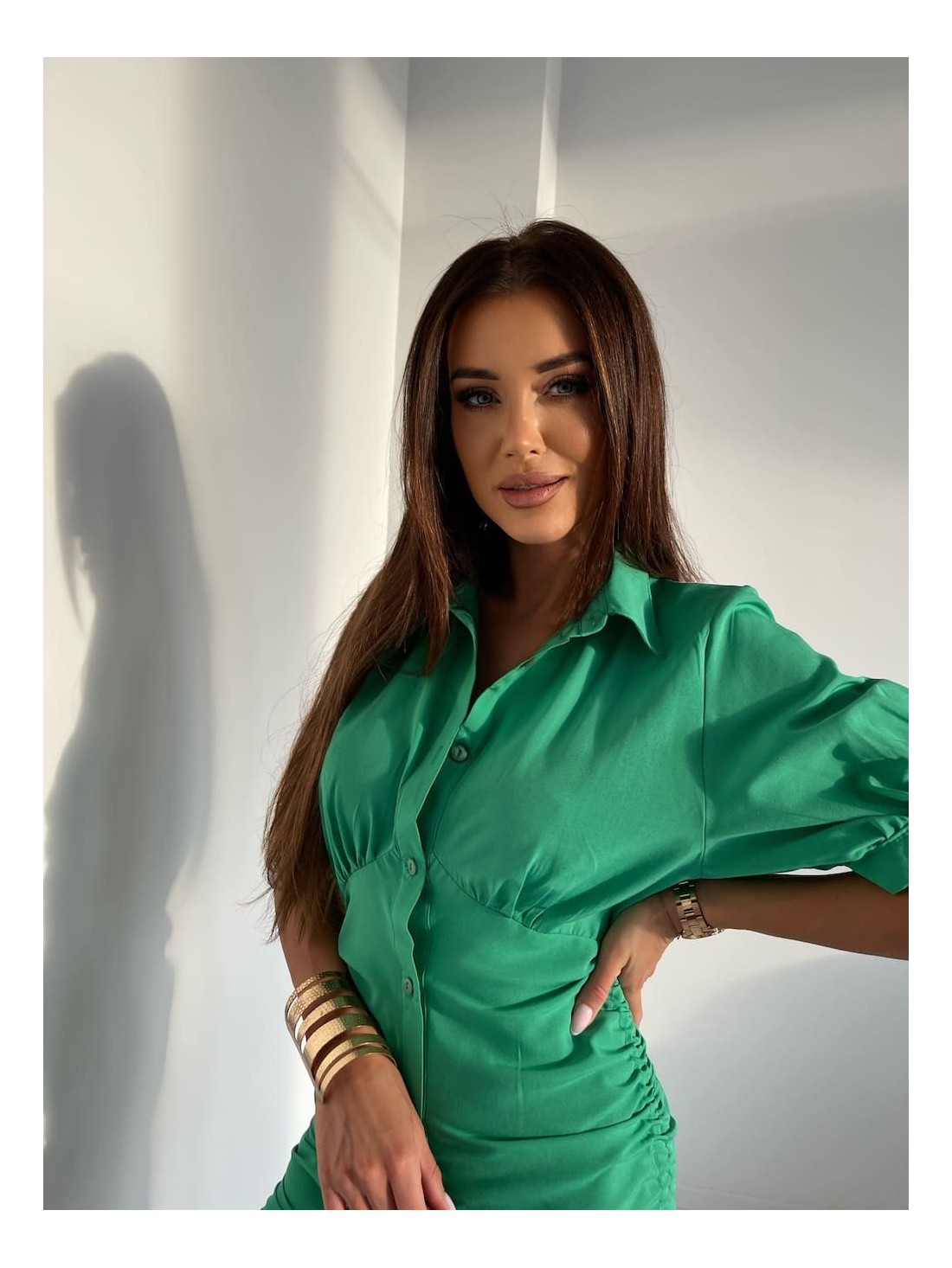 Shirt dress with ruffles on the sides, green FG649 - Online store - Boutique